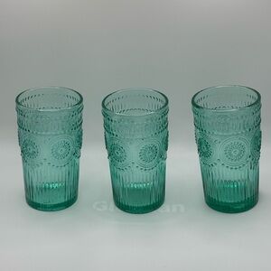 Lot of 3 Pioneer Woman Adeline 16 oz embossed sea blue heavy drinking glasses